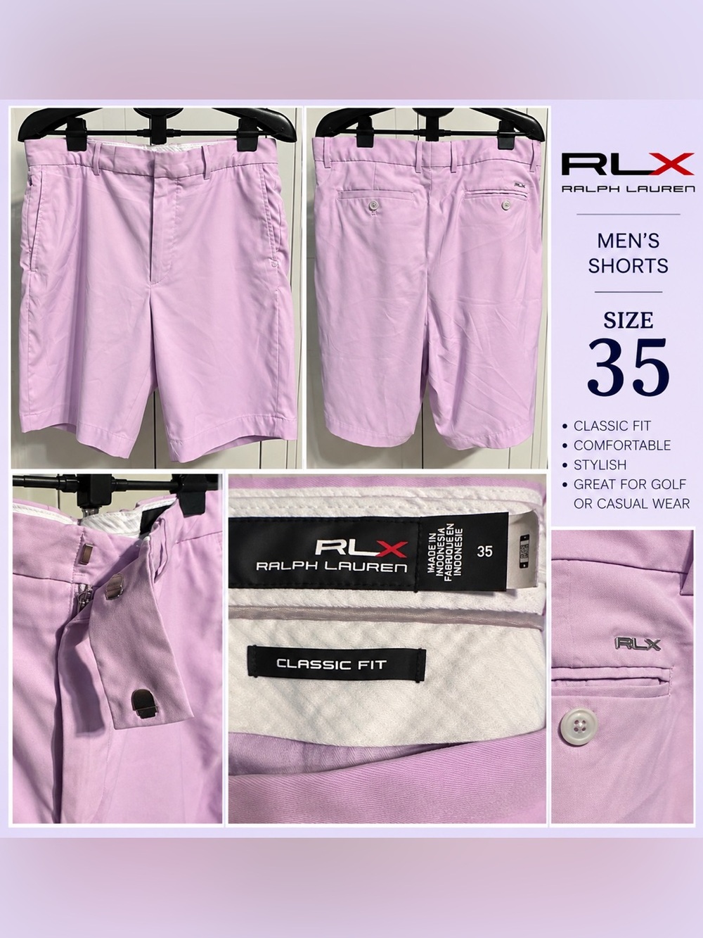 RLX Ralph Lauren Men's Classic Fit Golf Shorts Light Purple Size 35